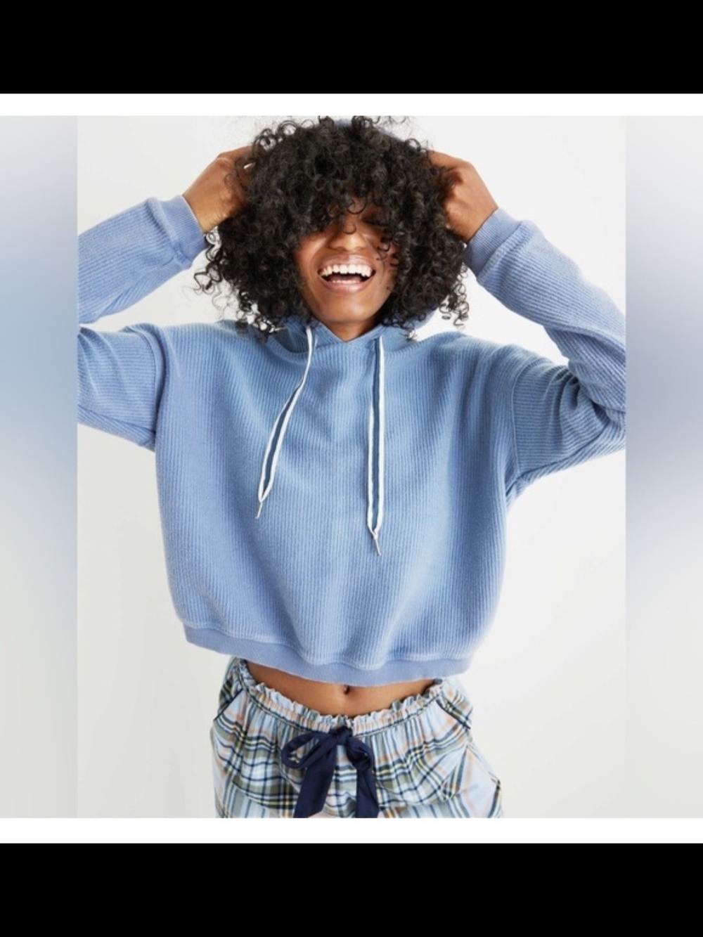 aerie Sky Blue Cropped Rib-Knit Hoodie